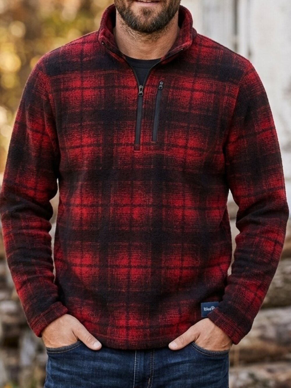 Wind River Men Red Buffalo Plaid 1/4 Zip Fleece Pullover Sweater Size M